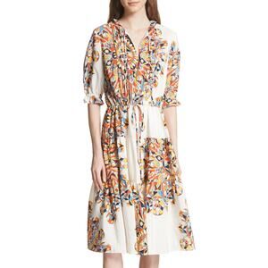 NWT Tory Burch Geo Print Arabella A-Line Dress Silk Ruffle Midi White Size M Med